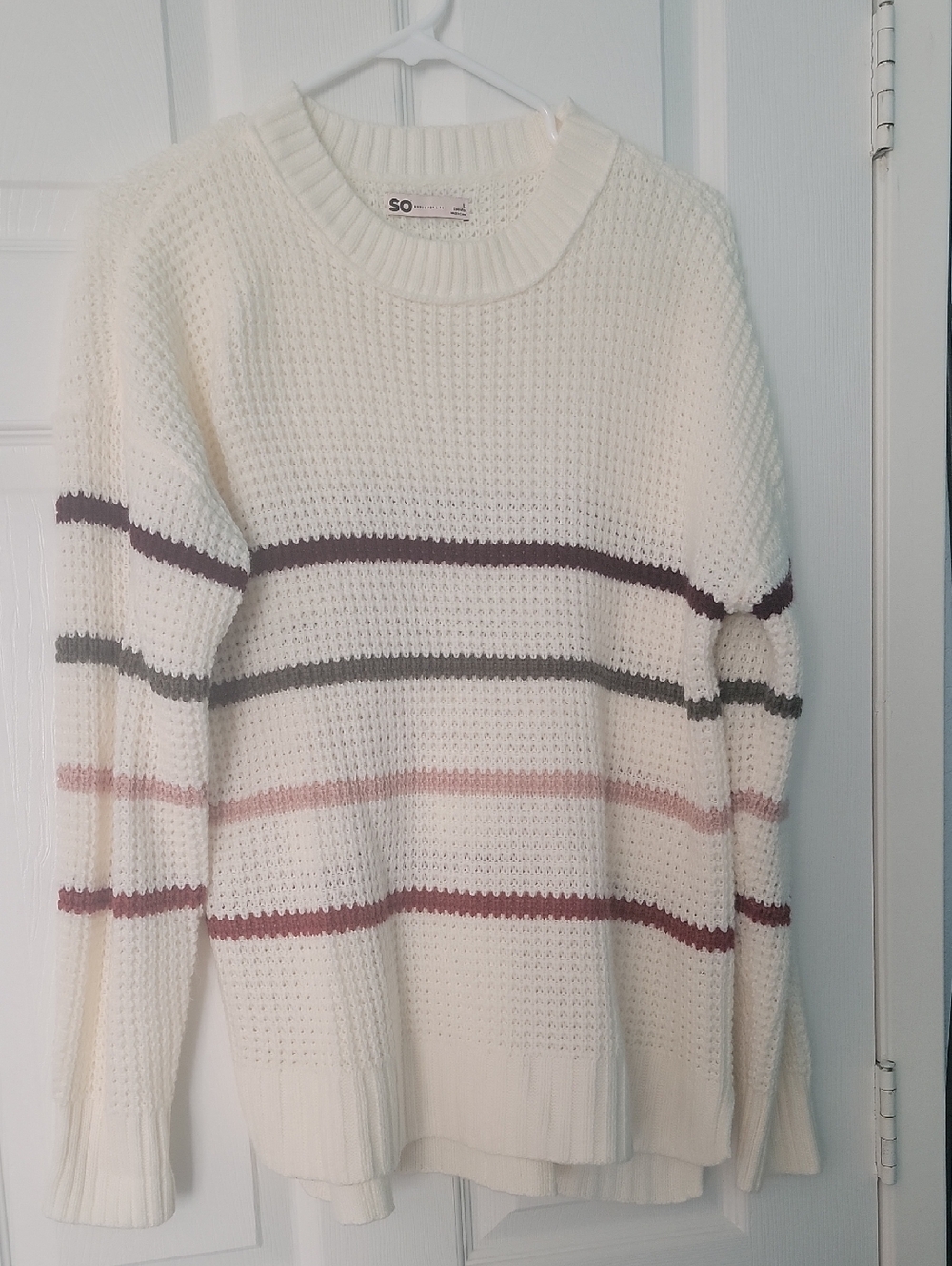 SO Cream Crewneck Sweater with Pink, Gray & Burgundy Stripes